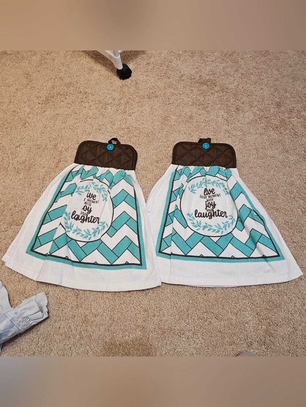 2 Handcrafted Potholders Attached To Towels | Brown, White + Teal | Chevron